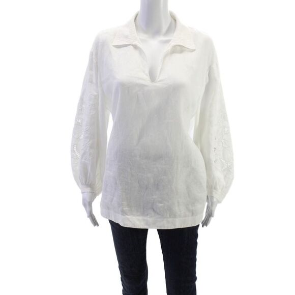 Lafayette 148 New York Tops - Lafayette 148 New York Women Linen Tunic White Collared 3/4 Sleeve Size L